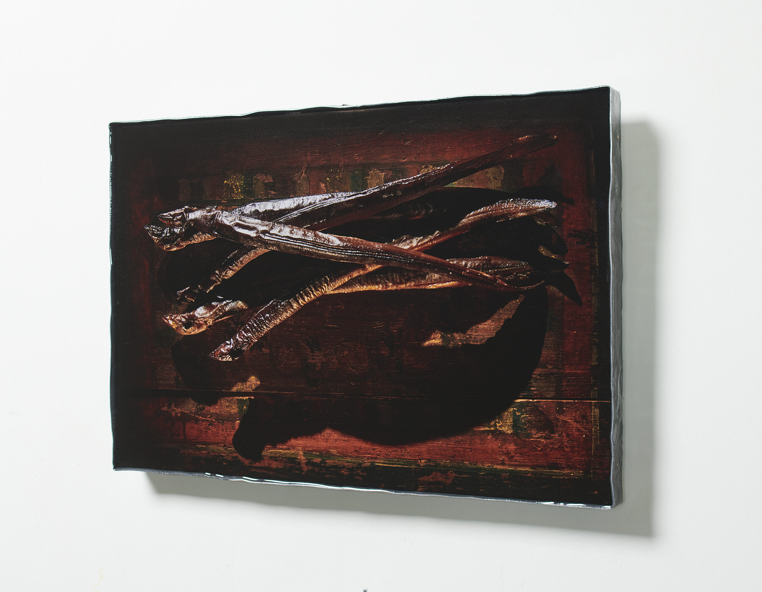 Paling print gegoten in epoxy op paneel met loden rand